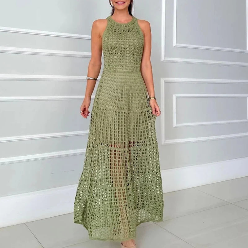 Casual Summer Solid Color O Neck Hollow Knit Sleeveless Maxi Dress for Women