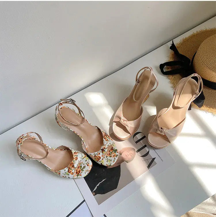 Summer Satin Peep Toe Slingback Wedge Platform Bow Sandals for Women
