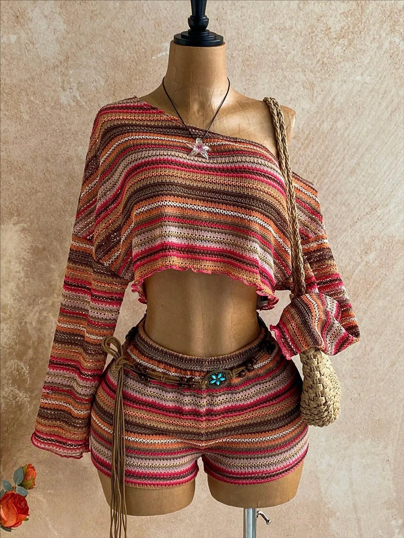 Slanted Shoulder Knit Two Piece Shorts Set for Women
