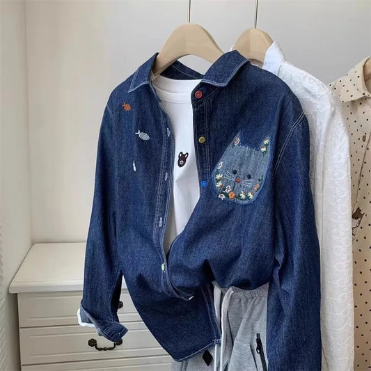 Korean retro dark blue denim long-sleeved shirt women's spring and autumn new fashion plus size loose coat embroidered shirt top