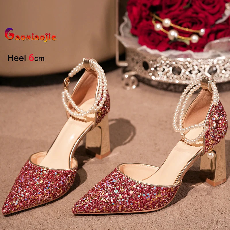Pearl Embellished High Heel Ankle Strap Sandals for Women