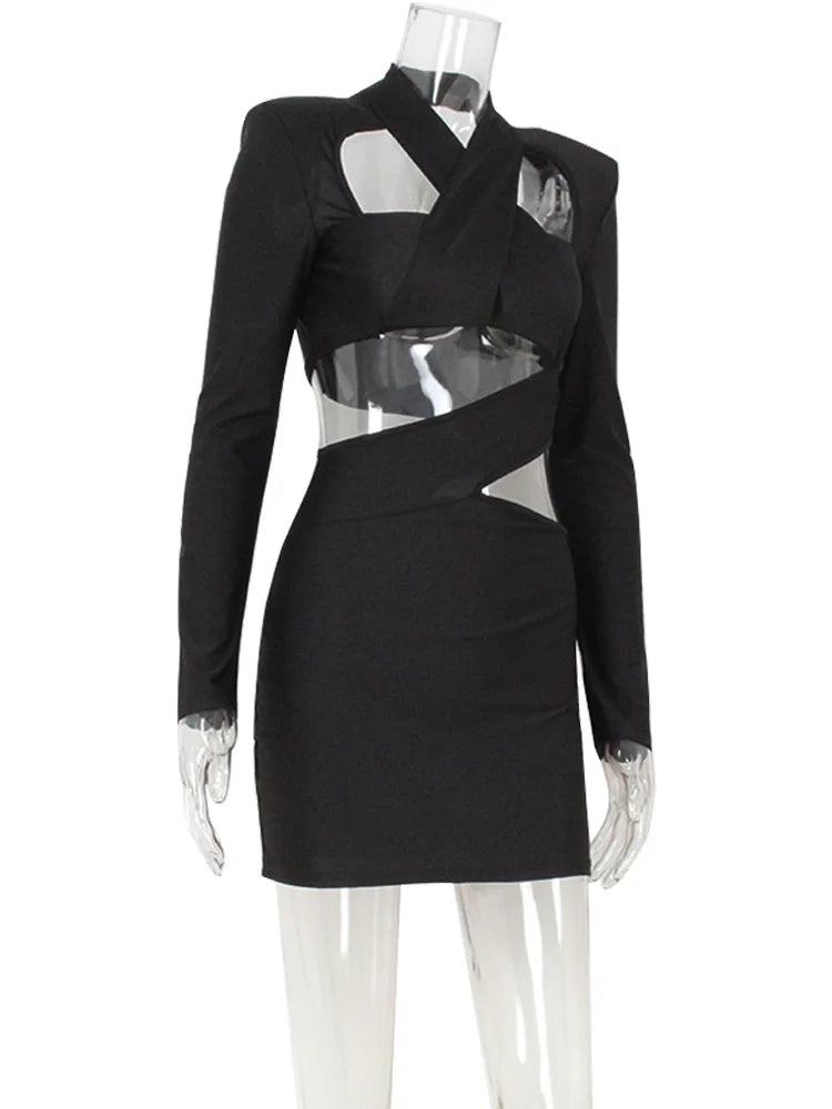 Hollow Out V Neck Long Sleeve Bodycon Mini Dress for Women