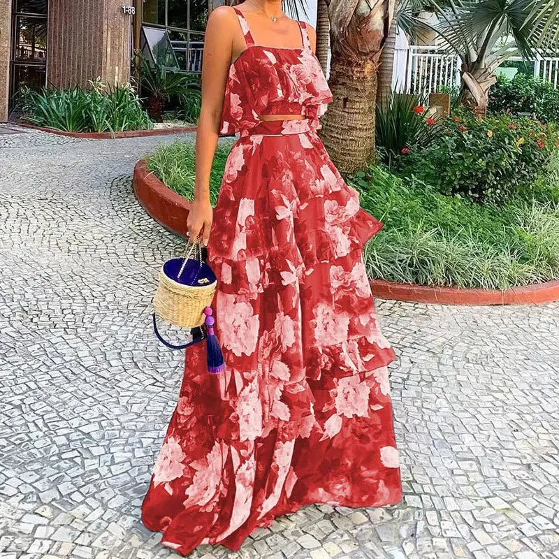 Printed Beach Vacation Style Two-Piece Set for Women