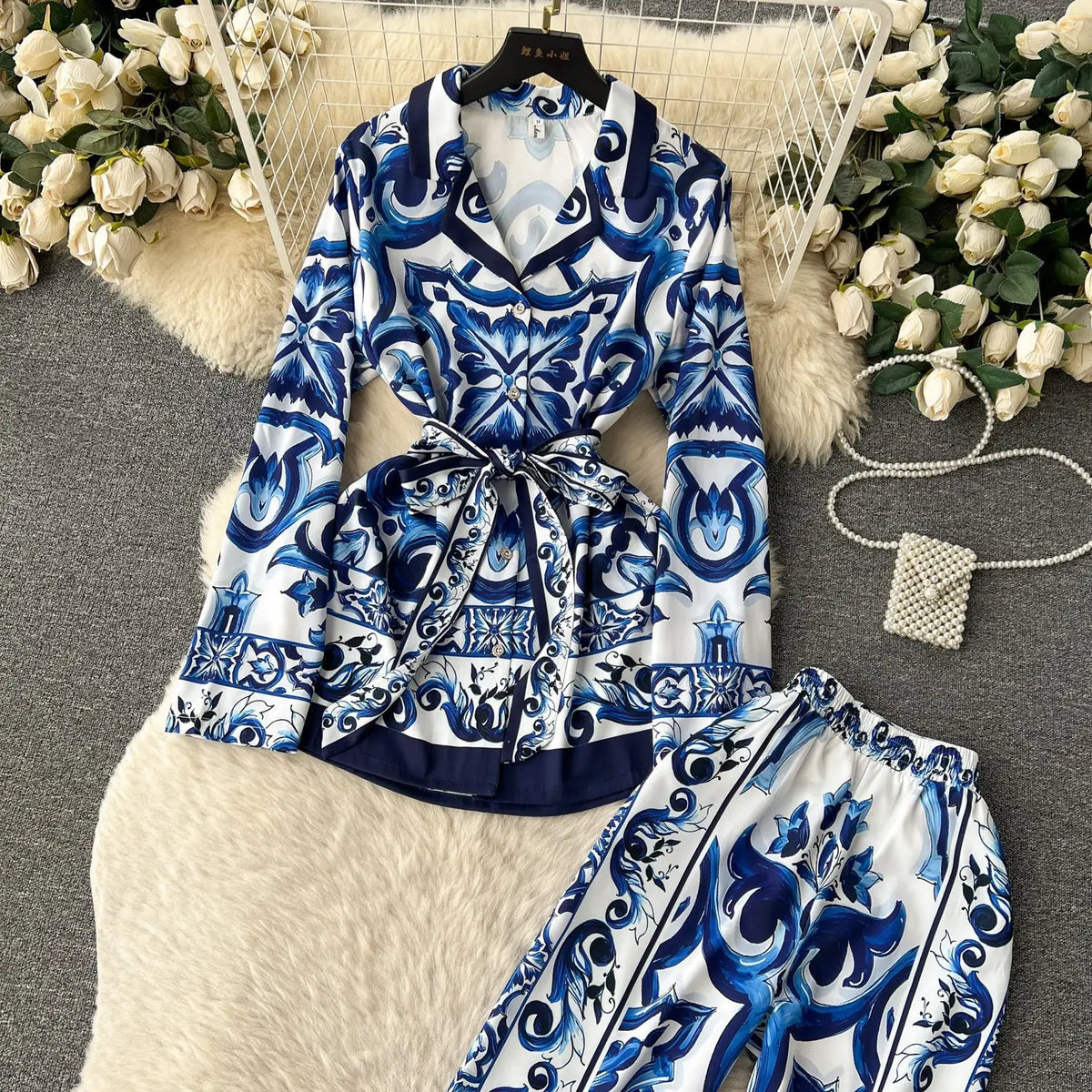 Casual Turn Down Collar Two Piece Pants Set for Women