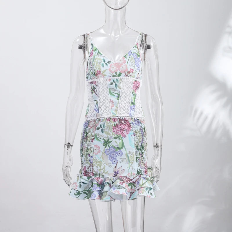 Floral Ruffle Mini Skirt Set With Lace Trim Top For Women