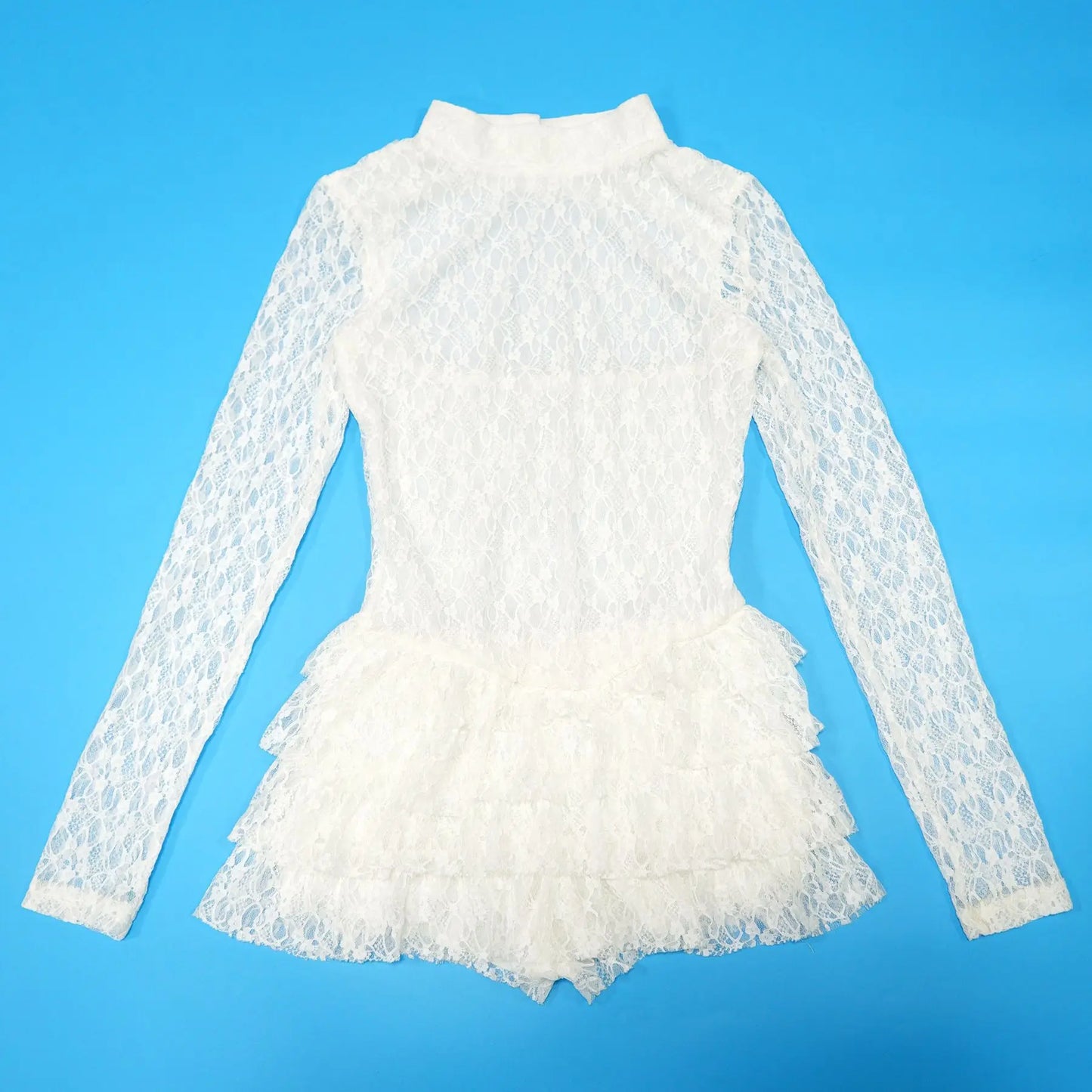 FAGADOER Sexy Lace Ruffle Patchwork Bodycon Romper Woman See Through Long Sleeves One Piece Jumpsuits Female Nightclub Overalls