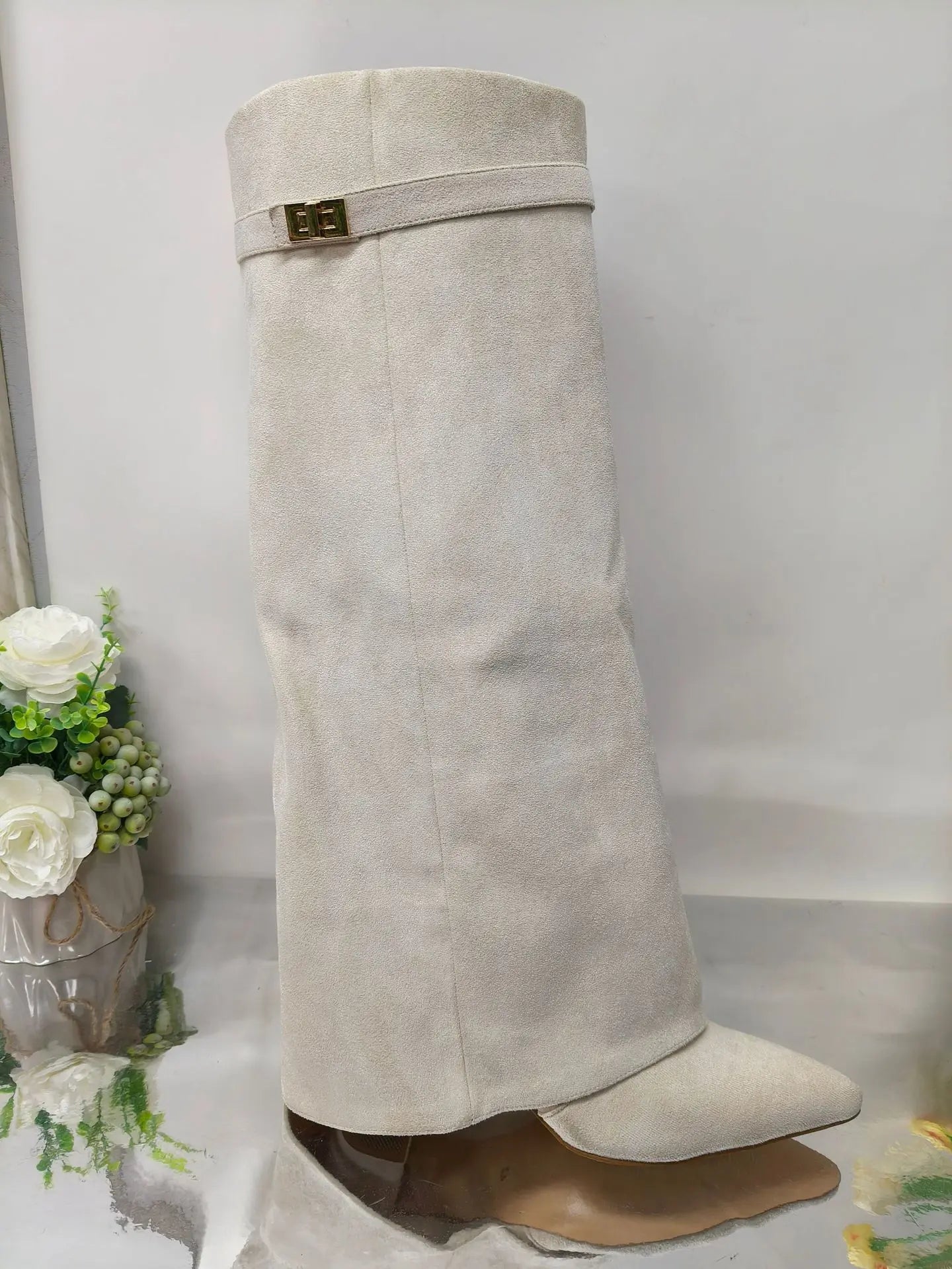 Pointed Toe Thick High Heel Mid Calf Boots for Women