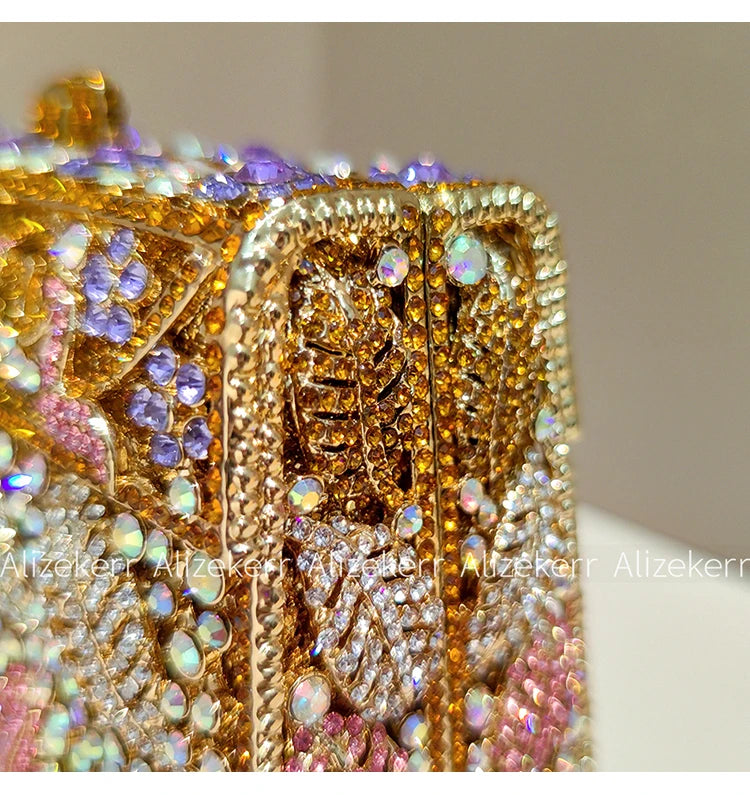 Metallic Leaf Diamond Evening Bag With Rhinestone Accents for Women