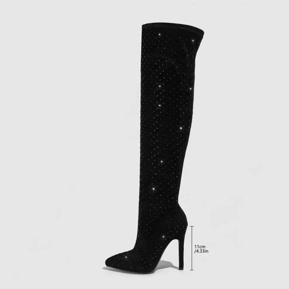 Stylish Suede Over The Knee Rhinestone Pointed Toe High Heel Boots for Women