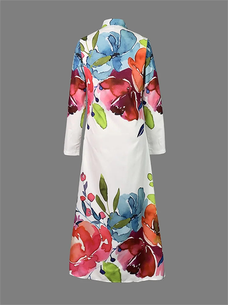2026 New Spring Elegant Colorful Floral Printed Long Shirt Dress Women Long Sleeves Loose Casual Going Out Vacation Maxi Dresses