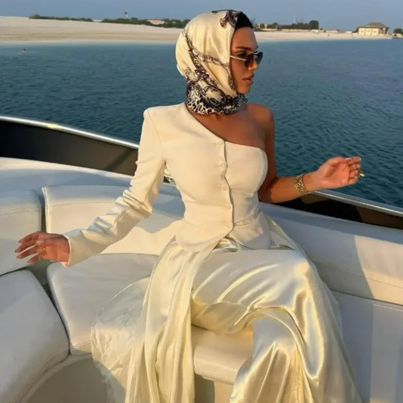 Chic White Lace Patchwork Long Blazer Set for Women