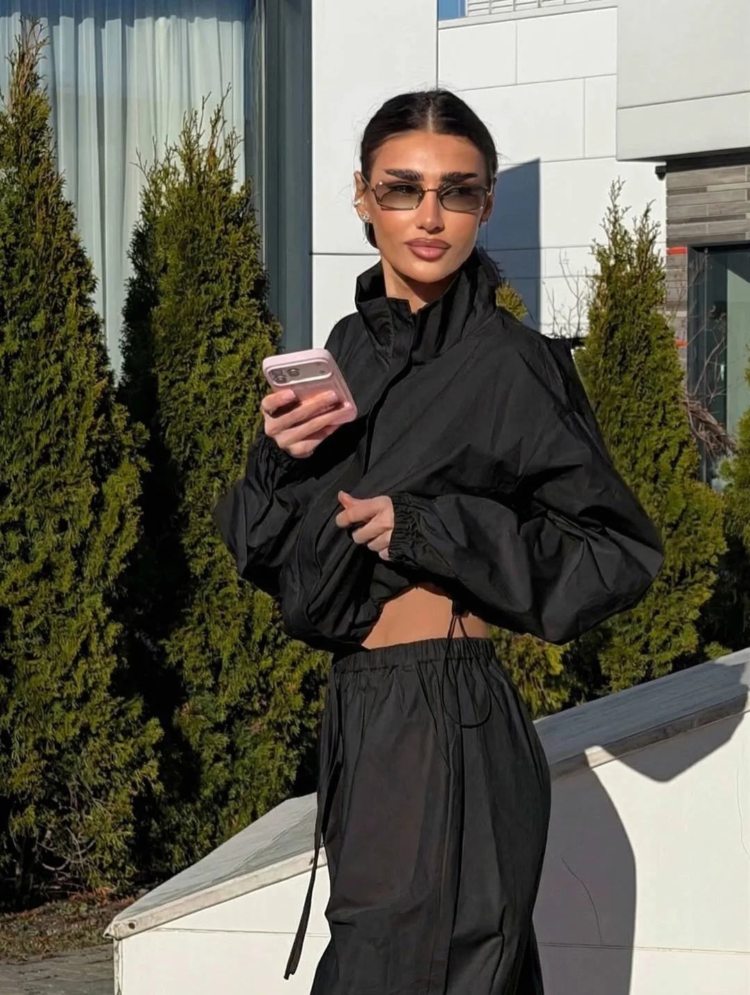 Lace Up Stand Collar Wide Leg Two Piece Set for Women