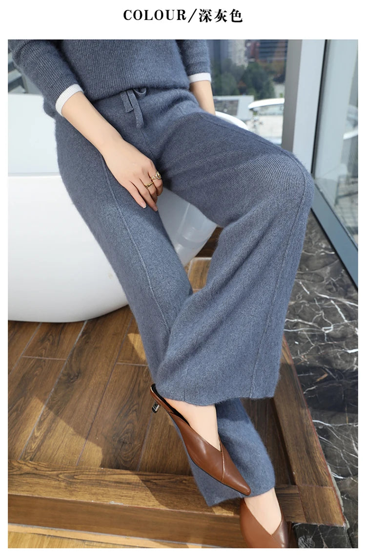 Elastic Waist Wide-Leg Knitted Cashmere Trousers for Women