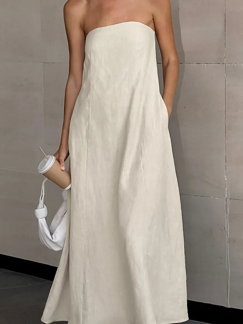 Solid Color Strapless Sleeveless Pocket Dress for Women