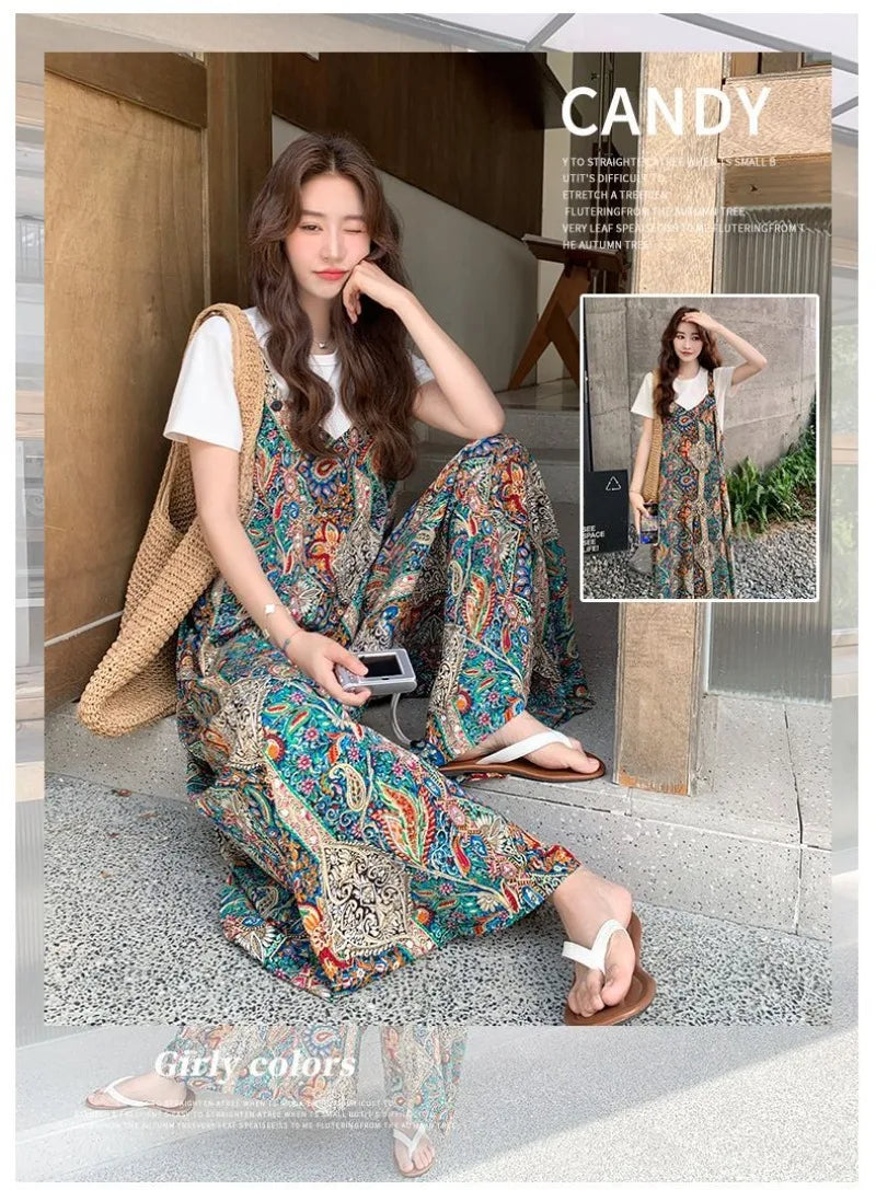Vintage Bohemian Printed Wide Leg Casual Jumpsuit For Women
