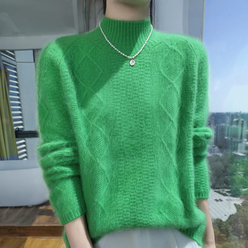 Floral Jacquard Long Sleeve High Neck Knit Sweater for Women