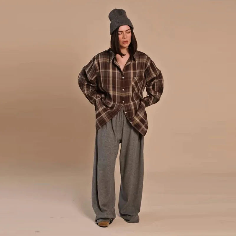 Plaid Loose Long Sleeve Button-Front Shirt for Women
