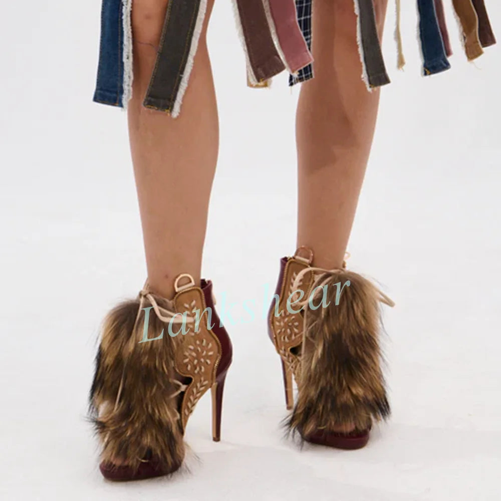 Open Toe Beige Suede Cutout Lace Up Faux Fur Trim Sandal Boots New for Women