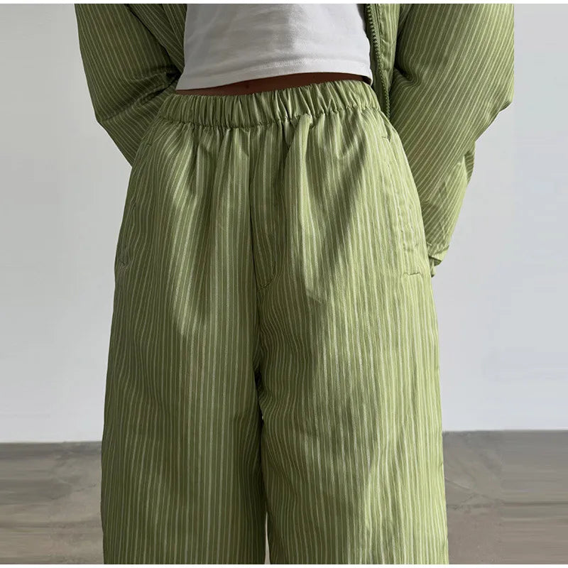 Striped Hooded Puffer Jacket and Wide Leg Pants Set for Women
