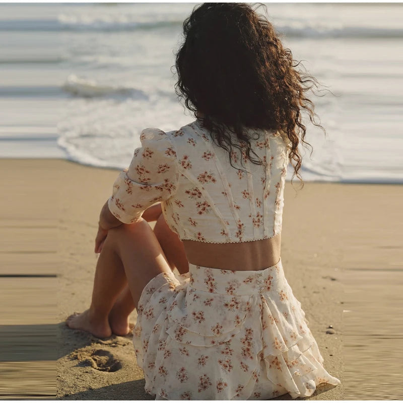 Floral Print Slim Top and Ruffle Skirt Set for Women