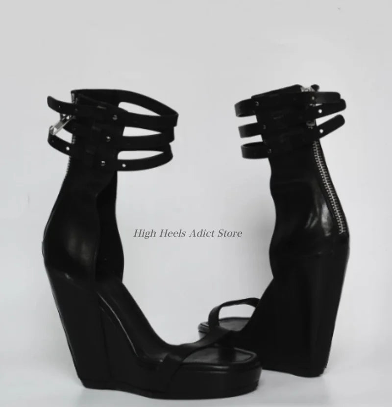 Genuine Leather Zip Up Hollow Out Wedge Sandals For Women
