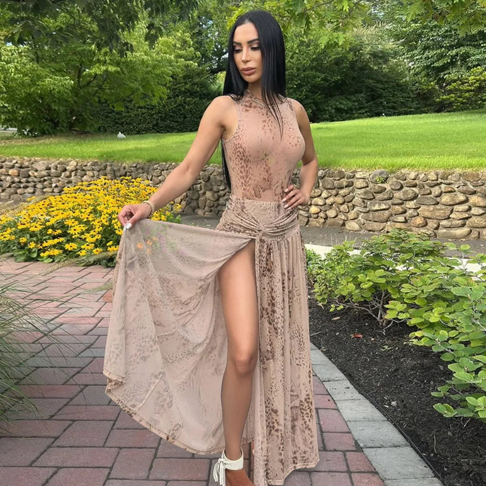 Leopard Print Bodysuit And Split Skirt Set for Women
