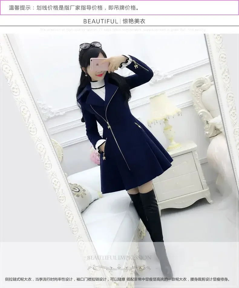 2025 Autumn Winter Clothing Deep Blue Zippered Long Sleeved Woolen Coat Jacket Women, Medium Length Slim Fit Thickened