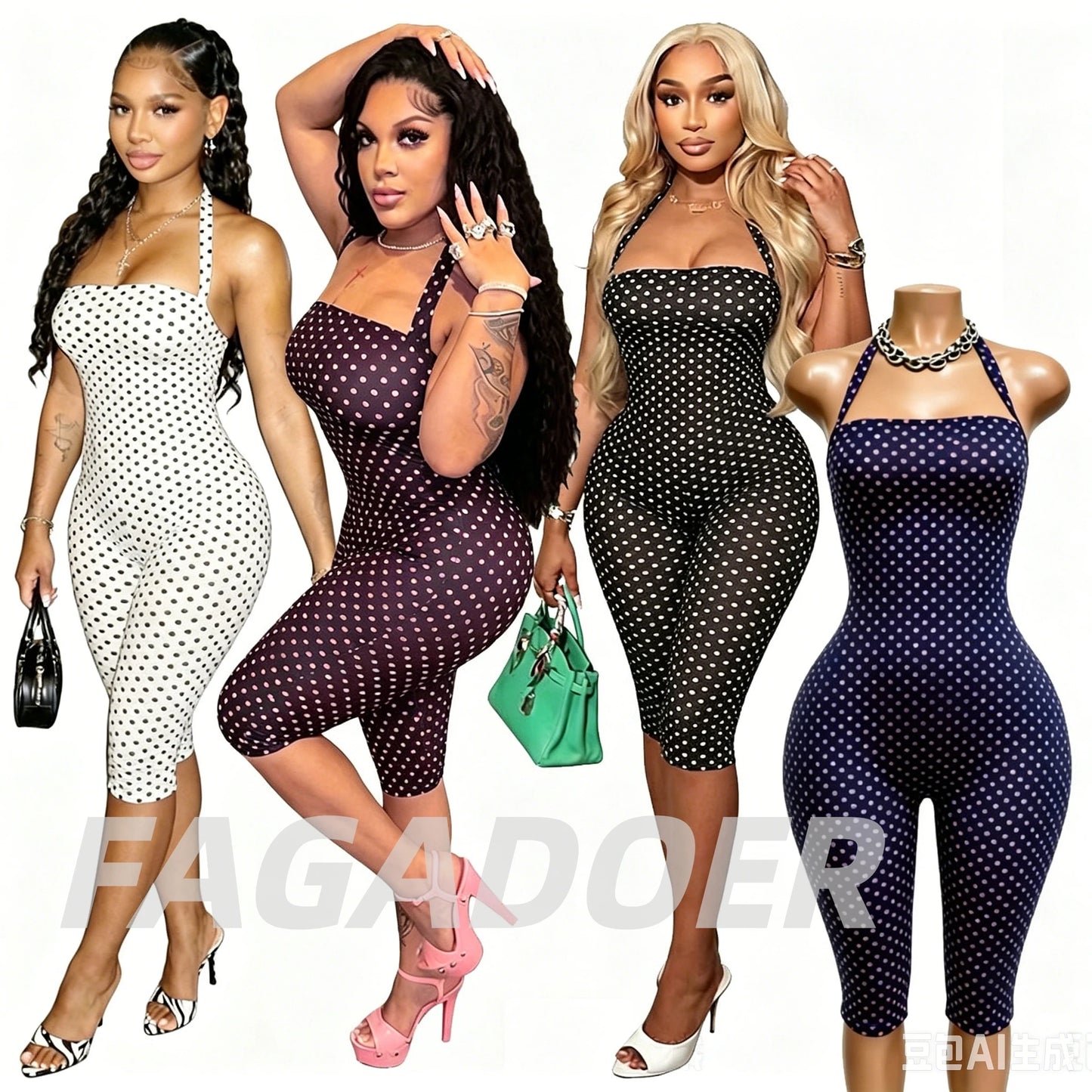 Polka Dot Halter Backless Bodycon Romper for Women