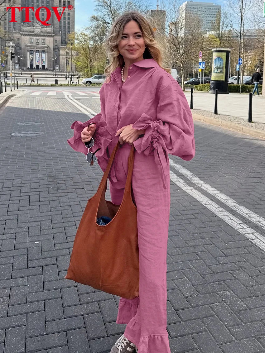 Loose Pink Cotton Shirt and Wide Leg Pants Set for Women