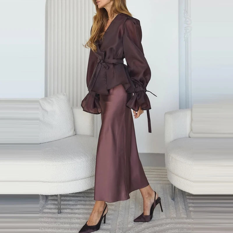 Mesh See-Through Slim Fit Two-Piece Dress Set for Women