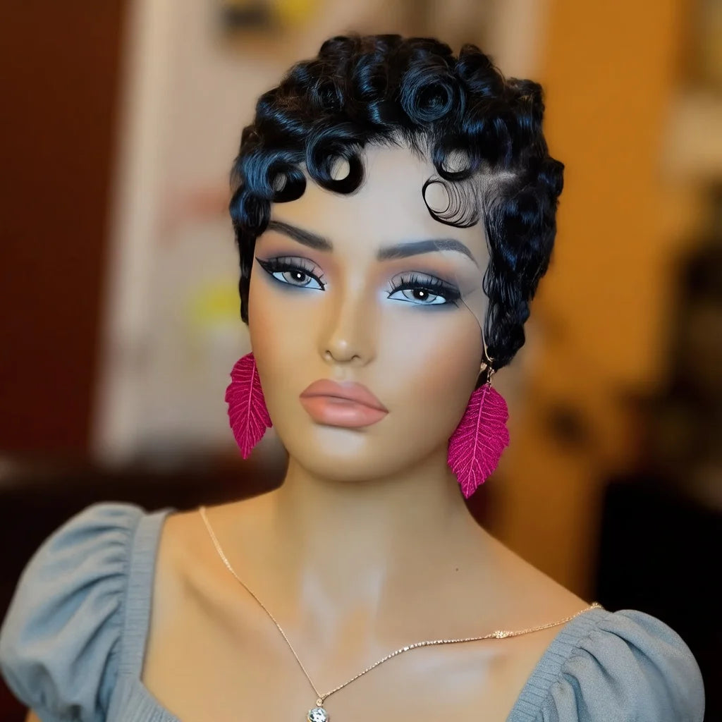 Pixie Cut Curly Lace Front Brazilian Human Hair Wigs 13X4 Lace Front Wigs Side Part Short Bob Wigs 180% Density