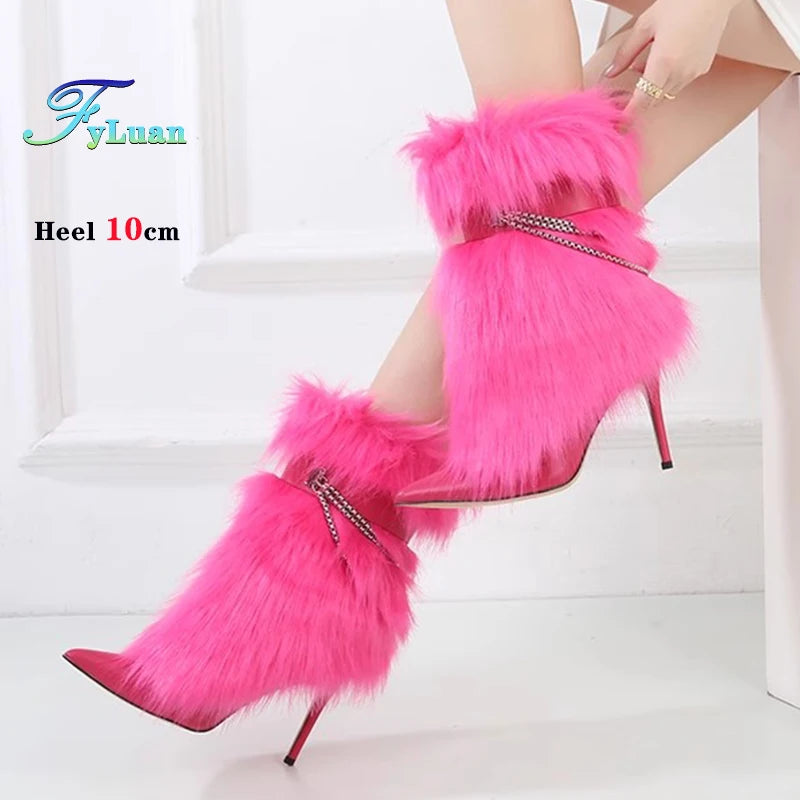 Fuchsia Faux Fur Buckle Ankle Boots