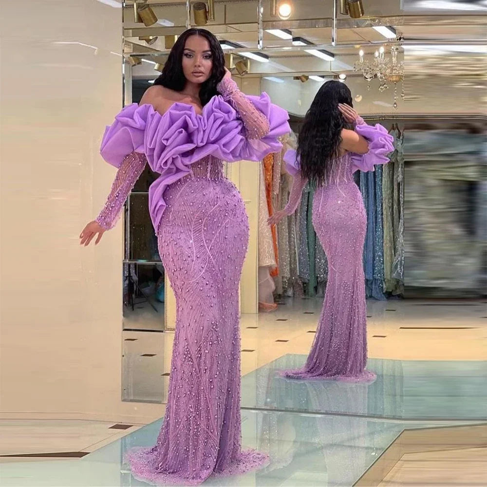 Lavender Beaded Mermaid Prom Dress