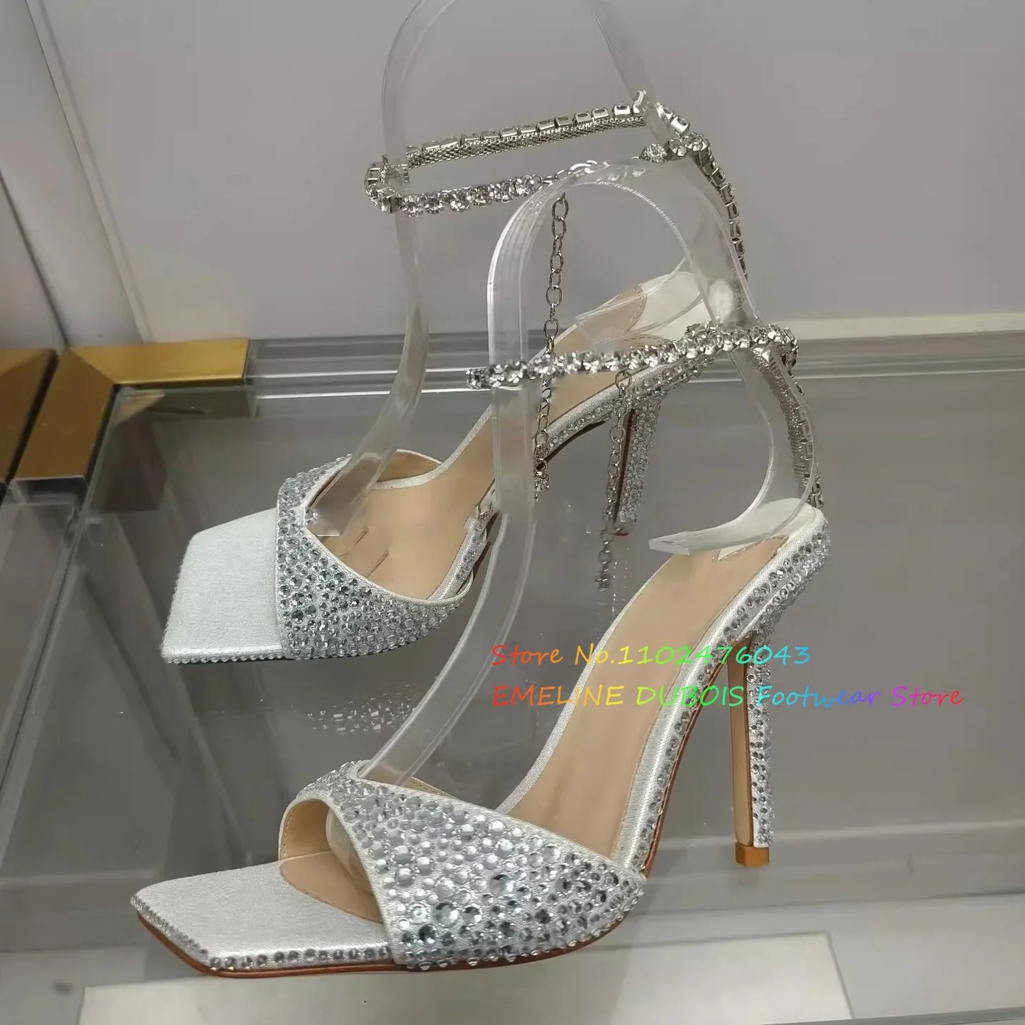 Rhinestone Chain Square Toe High Heel Sandals Women Sexy New Peep Toe Stiletto Heel Crystal Designer Brand Ladies Dress Shoes