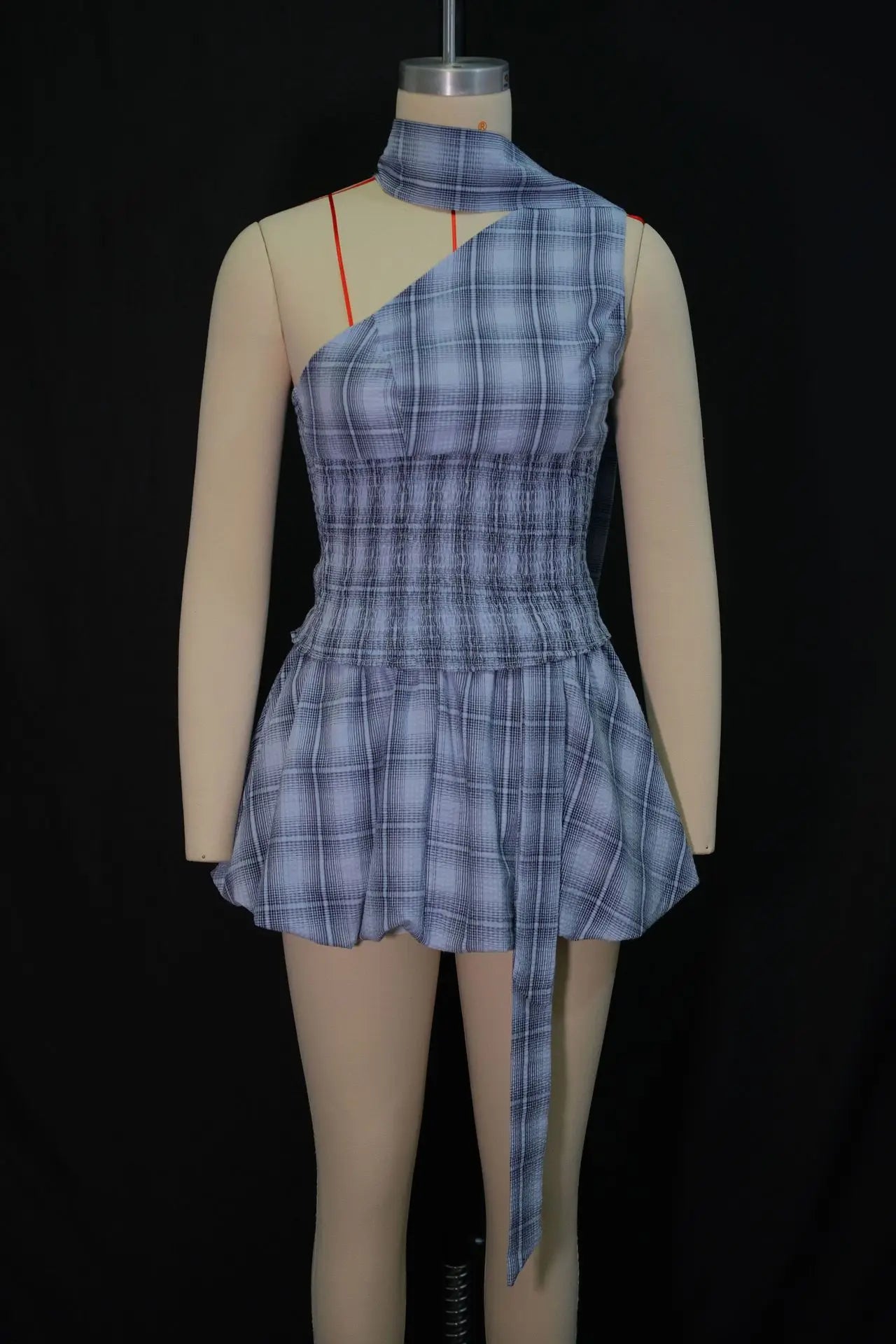 Blue Plaid Halter Cutout Mini Two Piece Set for Women
