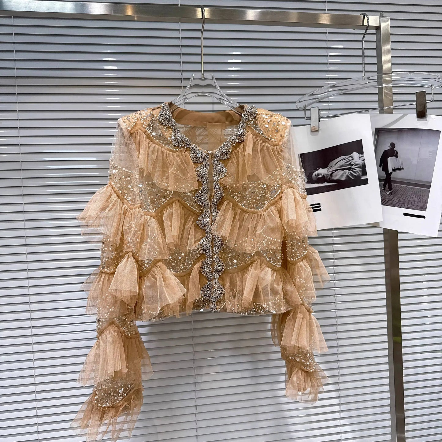 Open Front Rhinestone Beaded Sequined Mesh Coat For Women
