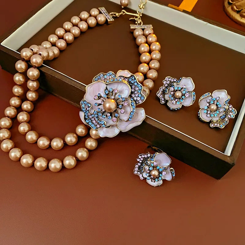 Vintage Pearl Necklace Earrings And Ring Set for Women