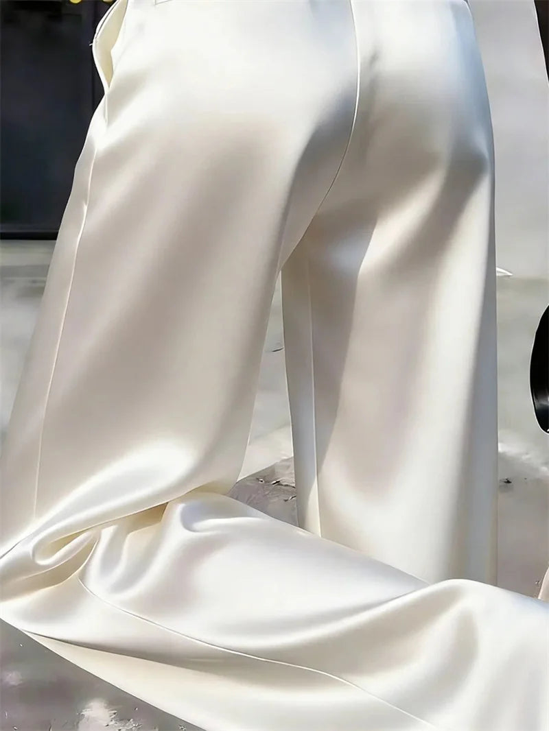 High Waist Solid Color Satin Wide Leg Trousers For Women