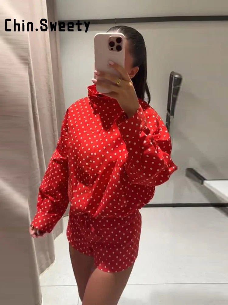 Polka Dot Stand Collar Jacket And High Waist Shorts For Women
