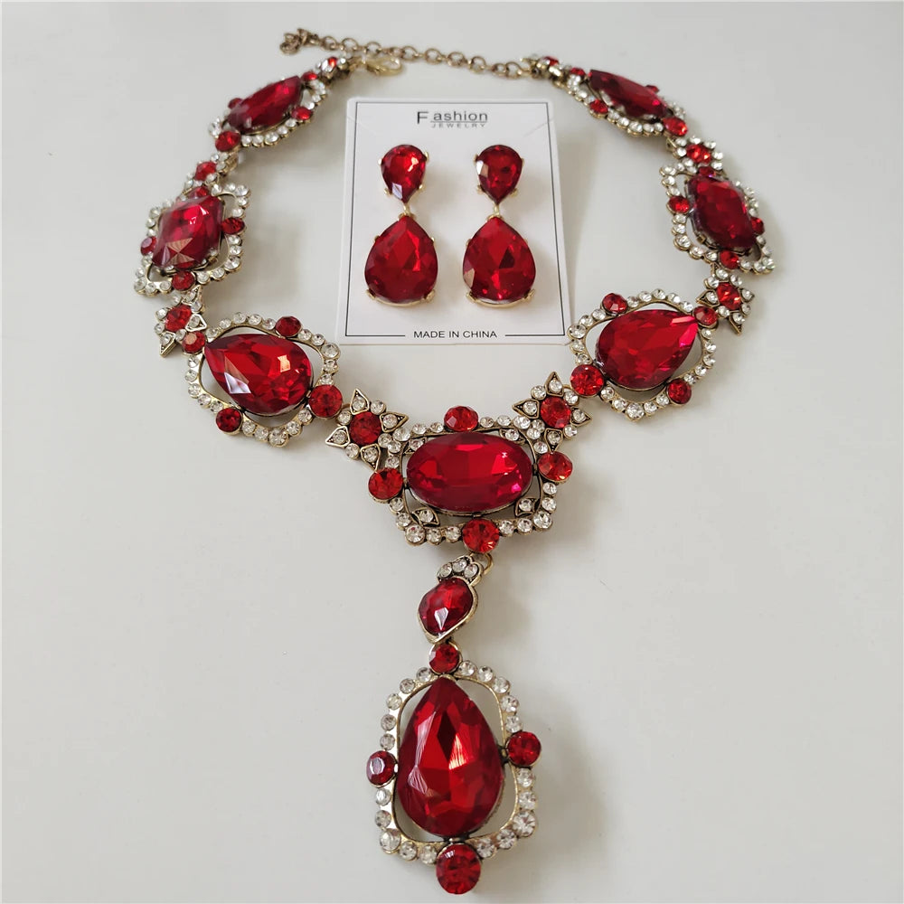 Red Crystal Statement Necklace and Earrings Set for Women