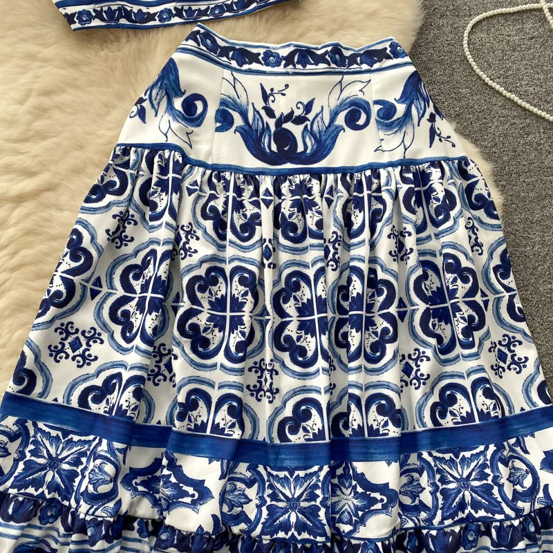 Blue and White Porcelain Print Two Piece Set for Women