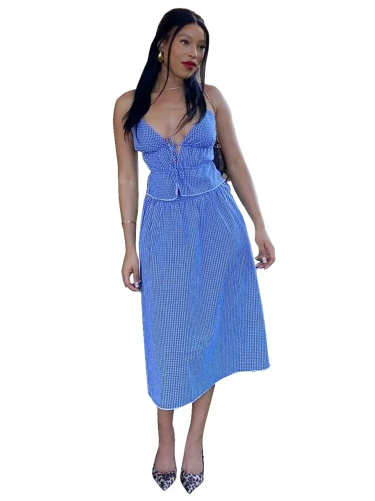 Y2K Striped Printed Lace Up Sleeveless Cropped Top Two Piece Set for Women