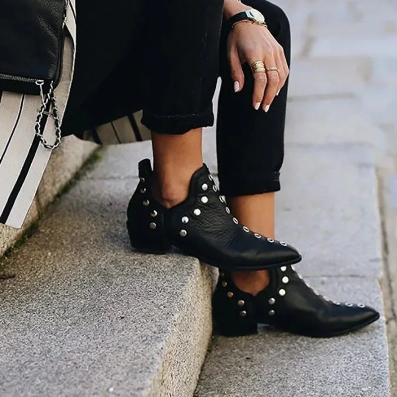Slip On Pointed Toe Rivets Ankle Boots
