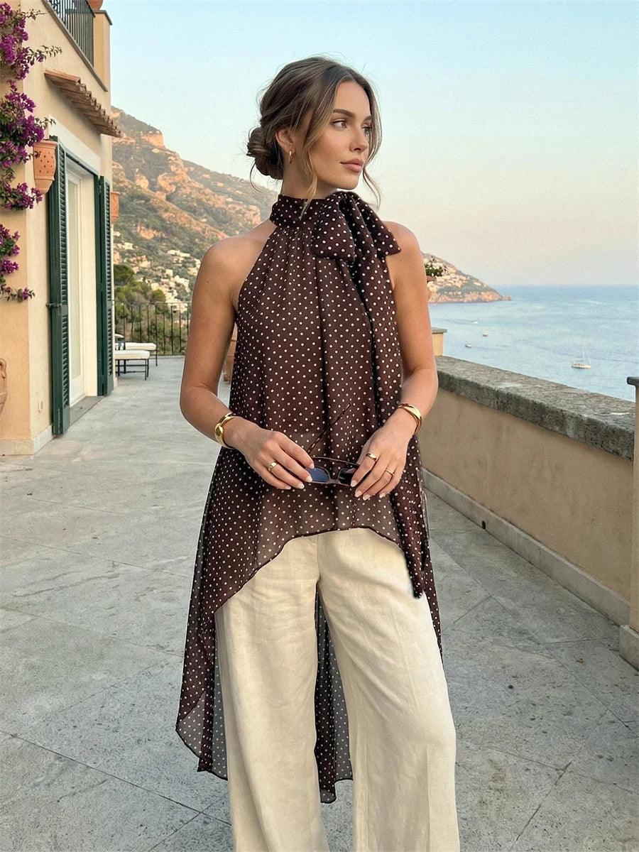 Elegant Irregular Blouse with Tie Up Mock Neck Chiffon Dots Print for Women