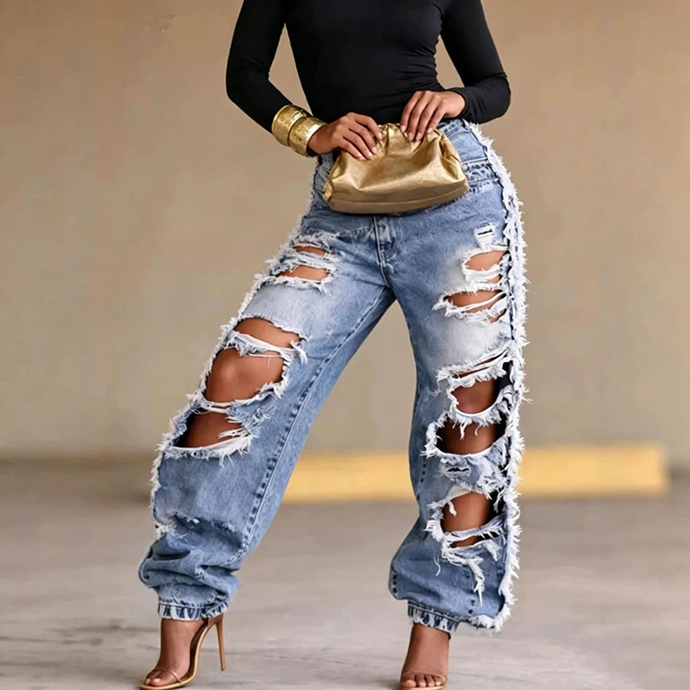 Heavy Ripped Wide Leg Distressed Denim Jeans for Women