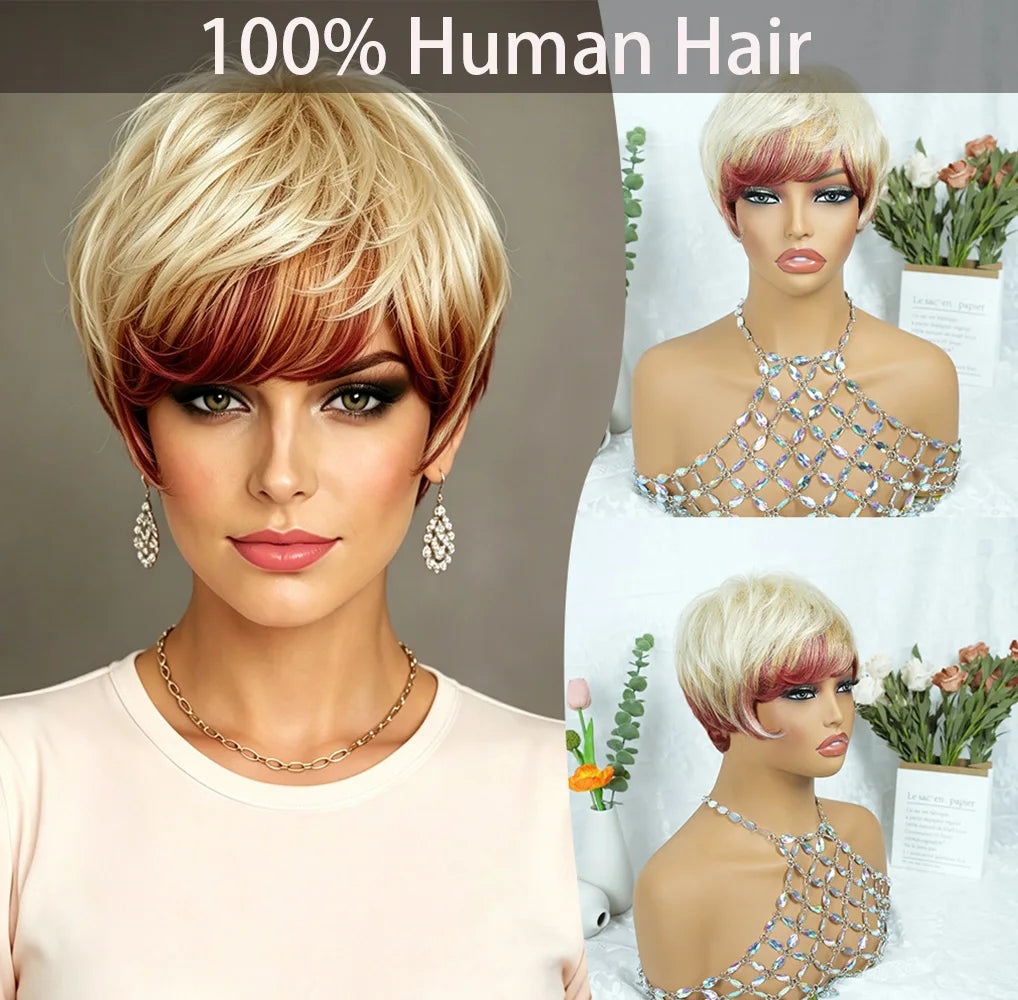 Ombre Blonde Burgundy Layered Human Hair Wig With Bangs for Women