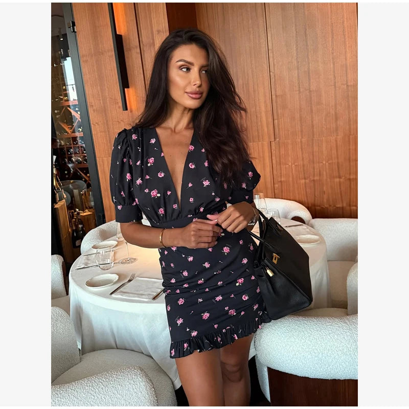 Floral Printed Lace Up Puff Sleeve Mini Dress for Women