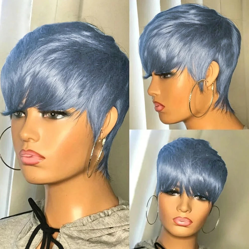 Short Layered Pixie Cut Human Hair Wig With Bangs for Women
