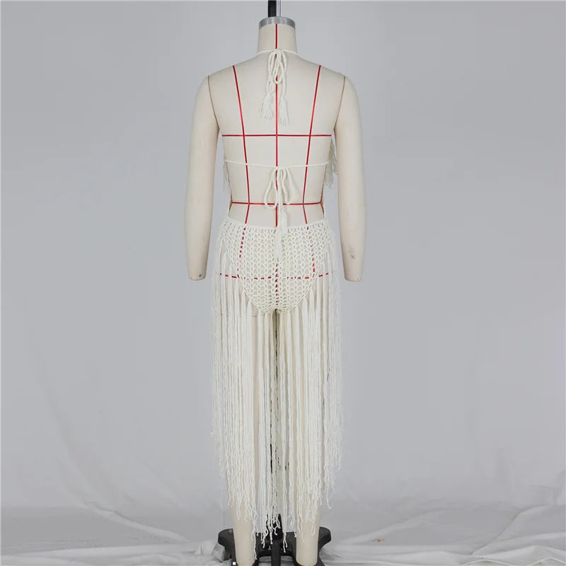 Sexy Crochet Knitted Beach Summer Dress Women Halter V-neck Tassel Backless Maxi Dress Vacation Sheer Long Dresses Swimsuit 2022