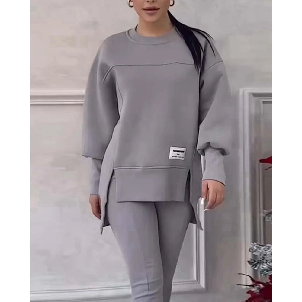 Sporty O-neck Long Sleeve Asymmetrical Sweatshirt & Skinny Pants Set Two Piece Outfits Tracksuit Sets Fall Clothing